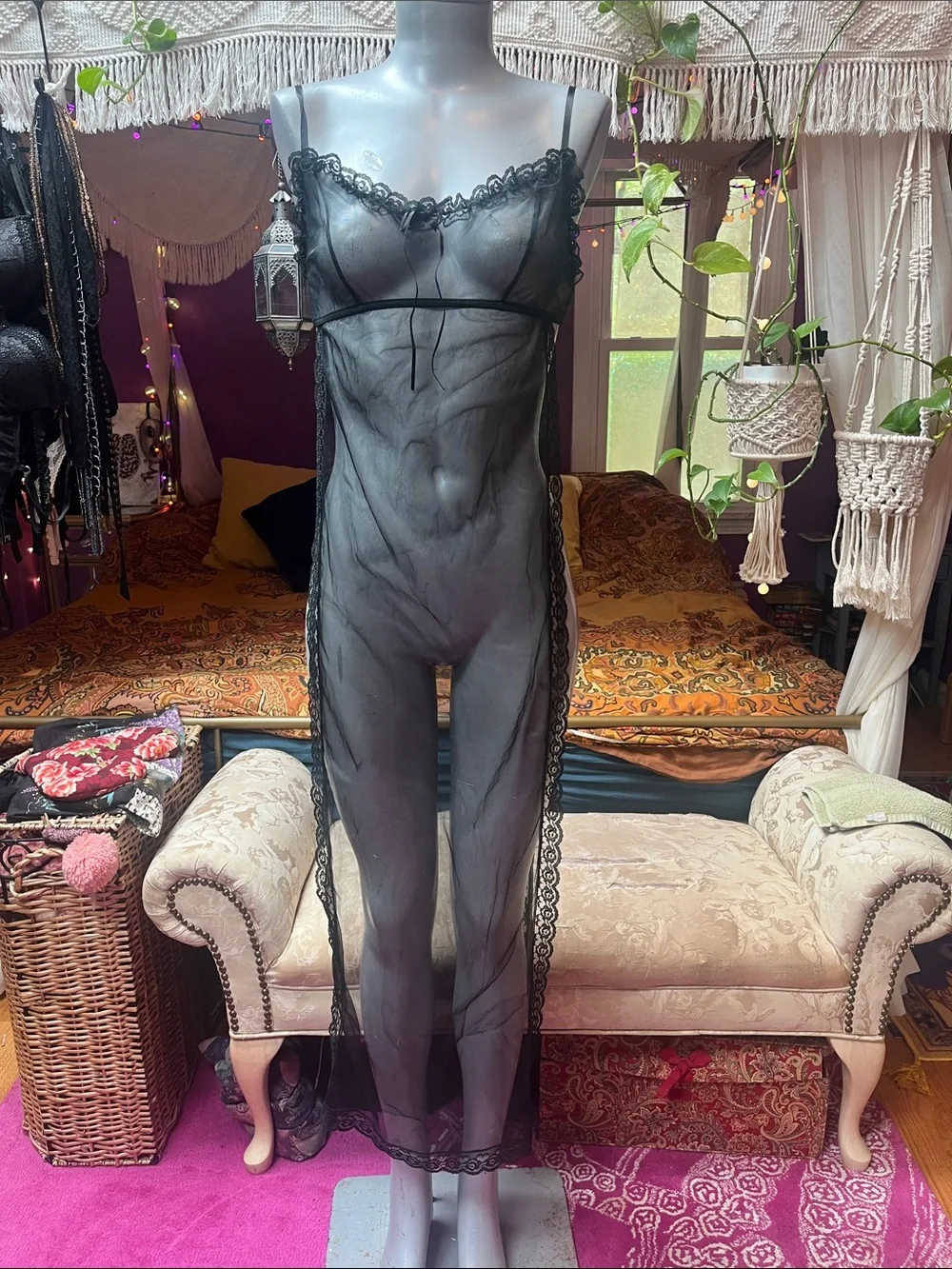 Vintage Goth black sheer mesh lace trim slit sides overlay maxi lingerie dress - Picture 1 of 6